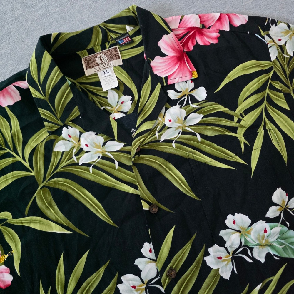 Kalaheo Mens XL Hawaiian Shirt Black Pink Hibiscus Tropical Rayon Made in Hawaii
